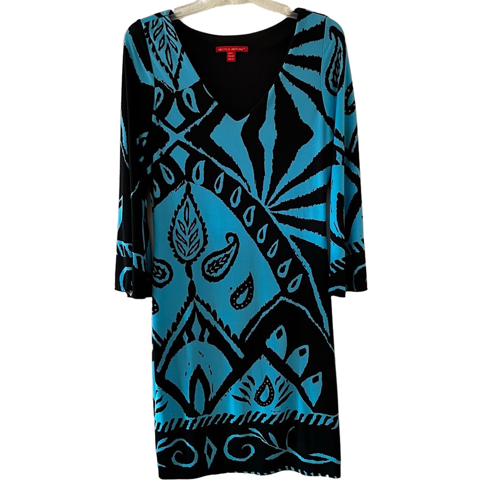 Nicola Antoni Blue Black Sheath Dress V-Neck 3/4 Bell Sleeves Lined Womens Large